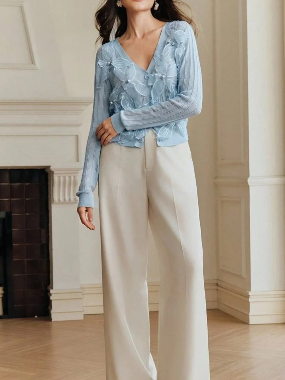 Baby Blue Casual Women's Elegant Baby Openwork Cardigan